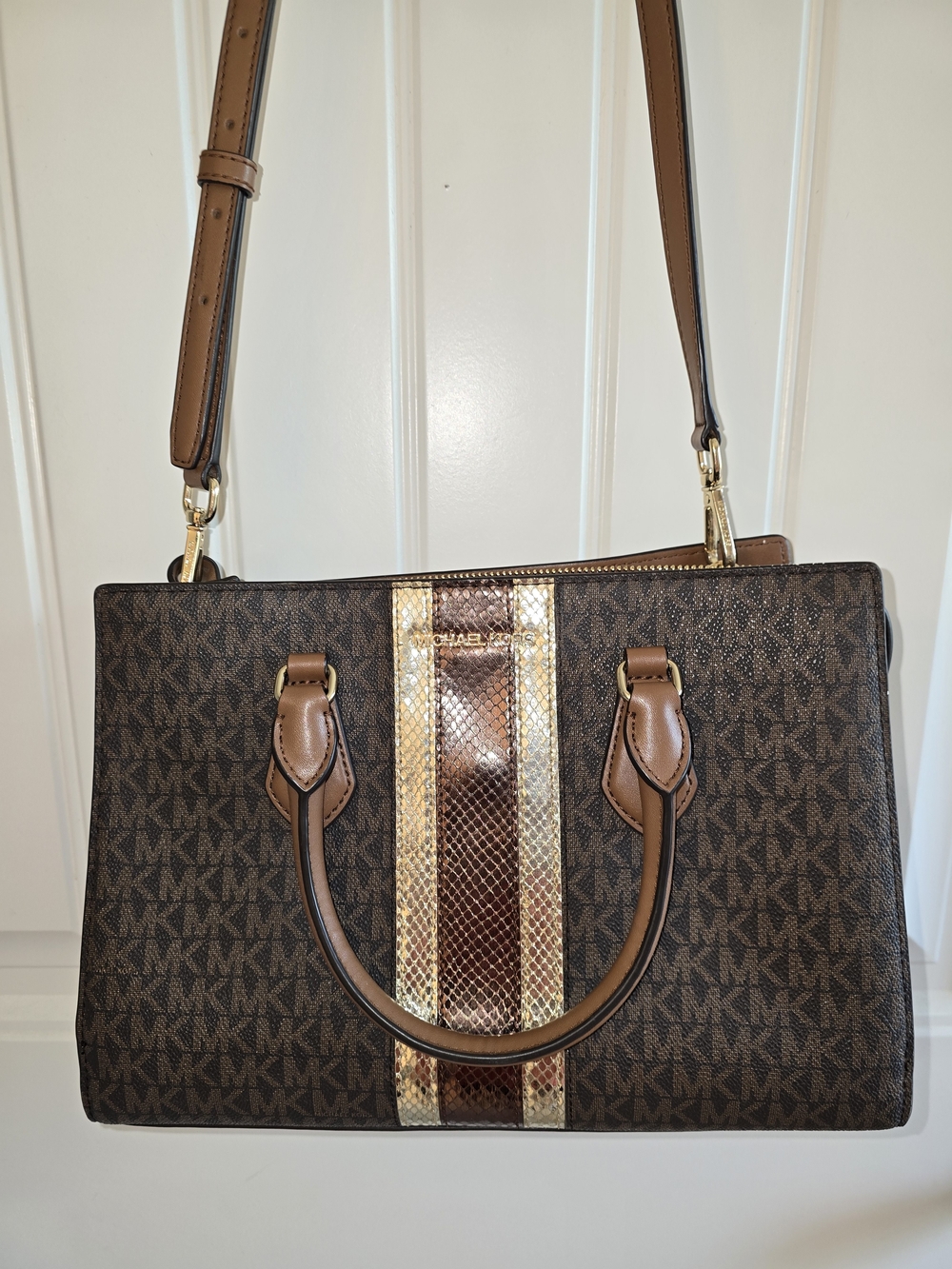 Michael Kors Brown and Gold Stripe MK Logo Satchel